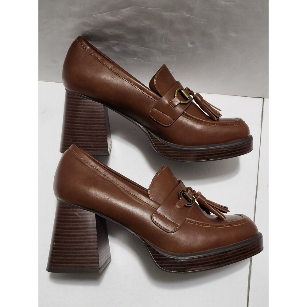 ANA A New Approach Brown Platform Tassel Loafers Block Heel Women' Size 8.5